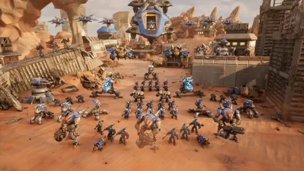 A dynamic scene from the video game Stormgate, featuring an army of futuristic soldiers and machines in a desert landscape, set against a backdrop of detailed structures and skies.