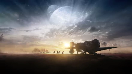 Star Wars: Skeleton Crew 4K Ultra HD wallpaper featuring a silhouetted spaceship and crew against a dramatic sunset and moonlit sky on a PC desktop background.