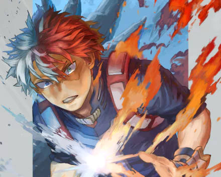 HD anime desktop wallpaper featuring Shoto Todoroki from My Hero Academia, showcasing his intense expression with contrasting fire and ice powers in dynamic action.