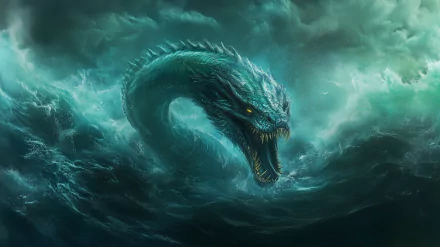 A dramatic fantasy scene featuring a fierce sea serpent emerging from turbulent waves, set against a moody, stormy sky. This HD image serves as an impressive desktop wallpaper.