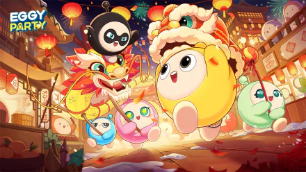 Colorful HD desktop wallpaper for the video game Eggy Party, featuring adorable characters in a festive setting with lanterns and a dragon, capturing a lively celebration.