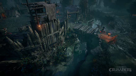 A dramatic scene from the video game Band of Crusaders, featuring a rugged wooden bridge, an eerie setting, and detailed textures, presented as HD PC desktop wallpaper.