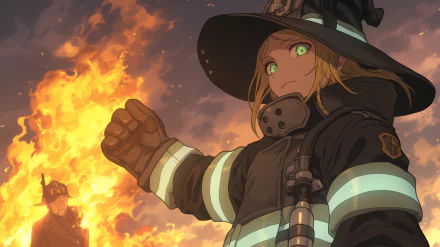 Iris from Fire Force stands confidently in a fiery backdrop, showcasing her determination. This HD desktop wallpaper captures the essence of her character amid the flames.