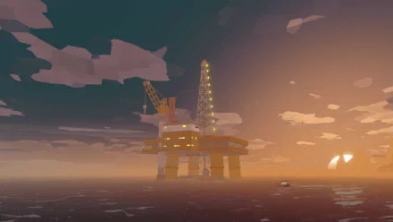 A stunning HD desktop wallpaper featuring the Iron Rig from the video game Dredge, showcasing an oil rig silhouetted against a colorful sunset over the ocean.