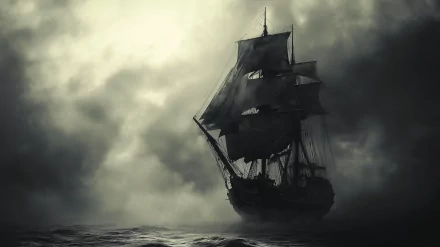 A mysterious phantom ship drifts through a foggy sea, adding an air of intrigue and adventure. This captivating image serves as a stunning HD desktop wallpaper and background.