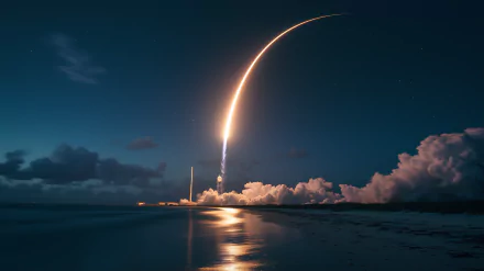 A vibrant rocket launches into the sky, leaving a trail of smoke, captured in stunning HD. This image serves as a captivating desktop wallpaper or background.