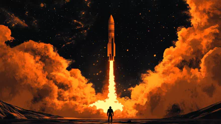 A powerful rocket launches into a starry sky, surrounded by vibrant orange clouds, creating a stunning HD desktop wallpaper and background that captures the thrill of space exploration.