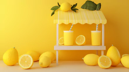 A vibrant lemonade stand featuring two refreshing lemon cups and fresh lemons against a cheerful yellow background, creating a bright and inviting HD desktop wallpaper.