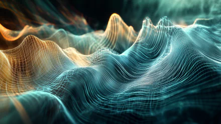 A stunning HD desktop wallpaper featuring dynamic waveforms, showcasing flowing lines in vibrant hues of teal and gold, creating a mesmerizing abstract background.