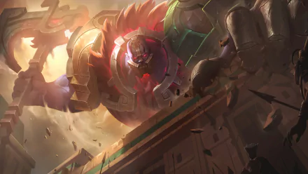 An imposing Sion from League of Legends towers over the battlefield in this HD desktop wallpaper, showcasing vibrant colors and dynamic action from Legends of Runeterra.