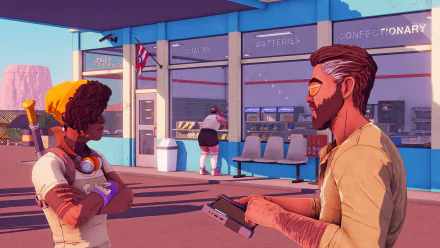 An HD desktop wallpaper from the video game Dustborn, featuring two characters conversing in a vibrant, modern setting with bright colors and detailed backgrounds.