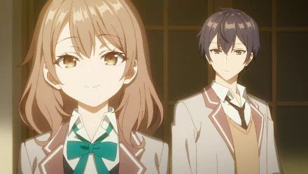 HD anime wallpaper featuring Maria Mikhailovna Kujou and Masachika Kuze from Alya Sometimes Hides Her Feelings, both in school uniforms with a warm, softly lit background.