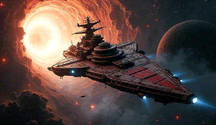 4K Ultra HD Sci-Fi desktop wallpaper featuring a massive spaceship approaching a glowing wormhole in deep space with a distant planet in the background.