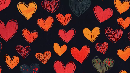 A vibrant heart pattern in shades of red, orange, and black against a dark background, designed as a high-definition desktop wallpaper.