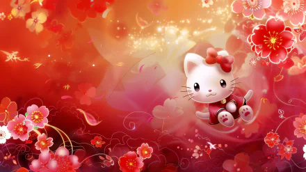 A vibrant HD desktop wallpaper featuring Hello Kitty, a beloved character from Sanrio, showcasing its signature cute and playful style in an anime-inspired design.