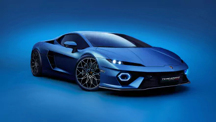 A stunning blue Lamborghini Temerario parked against a vibrant blue background, showcasing its sleek design and modern features in a 4K Ultra HD wallpaper.