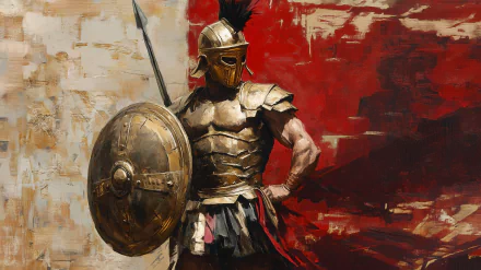 A striking HD desktop wallpaper featuring a Roman gladiator in armor, poised confidently against a bold red background, exuding strength and valor.