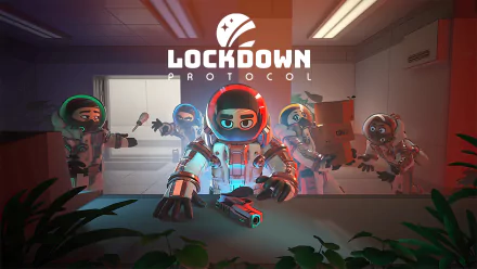 A vibrant HD wallpaper from the video game LOCKDOWN Protocol, featuring astronauts in a tense scene, armed and ready, set against a futuristic background.