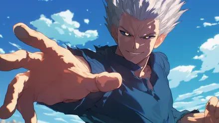 HD wallpaper featuring Garou from One-Punch Man, striking a dynamic pose against a bright blue sky with clouds, showcasing his fierce expression and signature hairstyle.