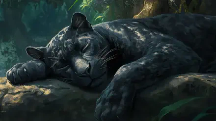 A black panther peacefully sleeping, captured in stunning detail, creating a captivating HD desktop wallpaper and background.