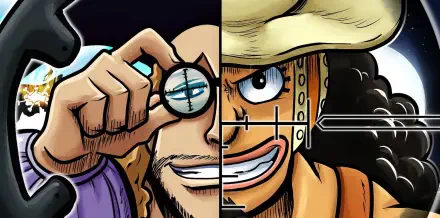 HD wallpaper featuring characters Van Augur and Usopp from the anime One Piece, showcasing their distinct expressions and vibrant colors in a dynamic composition.