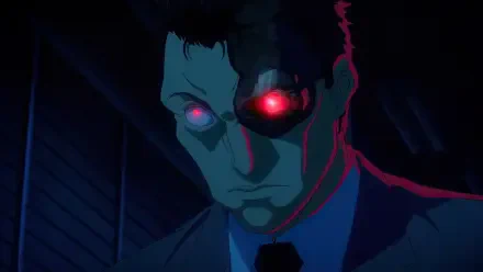 Anime-inspired HD desktop wallpaper featuring a character from Terminator Zero, showcasing a cyborg with a glowing red eye against a dark backdrop.