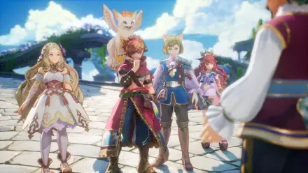 A vibrant HD wallpaper from the video game Visions of Mana, depicting a diverse group of characters in a colorful landscape, ready for adventure against a backdrop of blue skies and fluffy clouds.