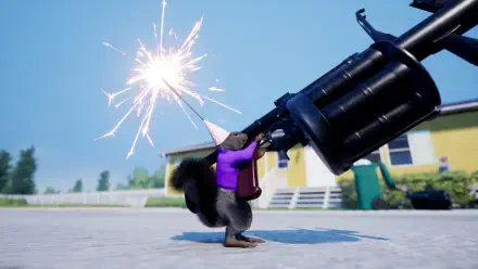 A quirky HD PC wallpaper featuring a squirrel in a purple shirt wielding a large gun, with spark effects, capturing the playful essence of the video game Squirrel with a Gun.