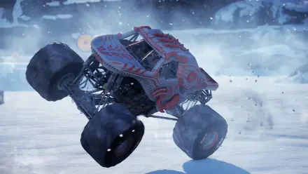 A dynamic HD desktop wallpaper featuring a monster truck performing a stunt in the video game Monster Jam Showdown, surrounded by a snowy landscape.