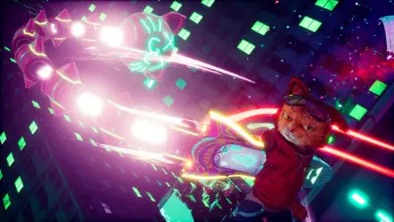 A vibrant HD desktop wallpaper from the video game *Gori: Cuddly Carnage*, featuring an action-packed scene with a cartoon cat amidst neon lights and dynamic energy.
