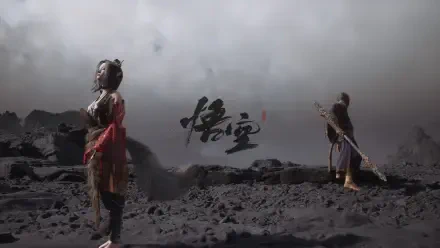 4K Ultra HD Black Myth: Wukong PC desktop wallpaper featuring two characters standing on a rocky, barren landscape under a cloudy, ominous sky.