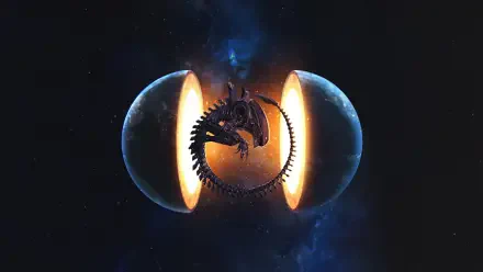 Alien: Romulus 4K Ultra HD PC desktop wallpaper — coiled Xenomorph silhouette framed by two glowing planetary halves against a deep starfield backdrop.