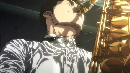 A dynamic HD wallpaper featuring an anime character from Blue Giant, passionately playing a saxophone, capturing the intensity of jazz music.