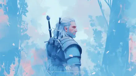 A stunning HD wallpaper featuring Geralt of Rivia from The Witcher video game, showcasing the character's iconic look and atmosphere in a visually striking design.