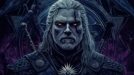 A dark HD wallpaper featuring Geralt of Rivia from the video game The Witcher, showcasing the character's intense presence and the game's atmospheric design.