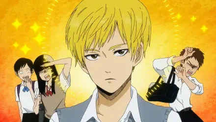 A vibrant HD anime wallpaper featuring Murai in Love, showcasing a central character with a serious expression surrounded by playful friends against a bright, sparkling background.