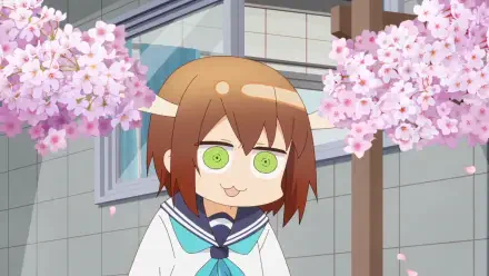 Anime HD PC desktop wallpaper/background: My Deer Friend Nokotan’s Noko Shikanoko — chibi deer-eared schoolgirl with bright green eyes smiling beneath blooming cherry blossoms.