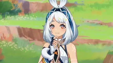 A vibrant HD wallpaper featuring Mualani from Genshin Impact, showcasing her cheerful expression against a colorful, lush background.