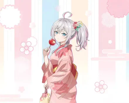 Anime HD desktop wallpaper featuring Alisa Mikhailovna Kujou from Alya Sometimes Hides Her Feelings in Russian, dressed in a pink kimono holding a candied apple.