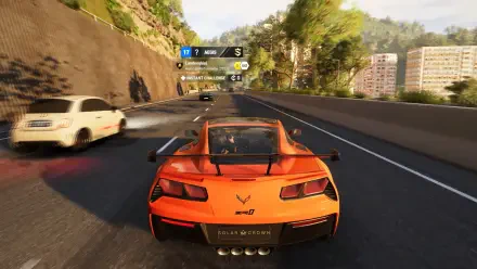 A vibrant HD wallpaper from the video game Test Drive Unlimited Solar Crown, featuring a dynamic scene with a sleek orange sports car navigating a winding road.
