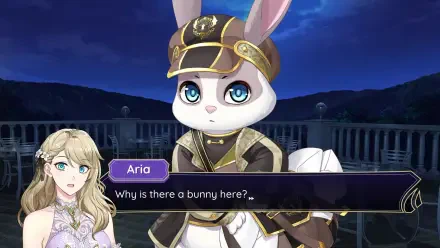 A scene from the video game Celestia: Chain of Fate, featuring Aria, a character in an elegant outfit, puzzled by a bunny in a military-style costume against a twilight backdrop.