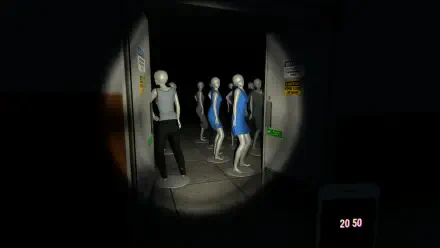 A dark scene from the video game Mannequin (2024) featuring multiple mannequins in blue dresses standing in a dimly lit hallway, creating an eerie atmosphere for a HD PC wallpaper.