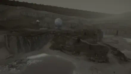 A desolate landscape from the video game Hollowbody, featuring rugged cliffs and distant structures, captured in high-definition, serving as an atmospheric PC desktop wallpaper.