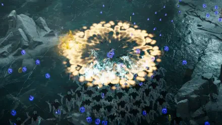 Dynamic HD wallpaper from the video game Jotunnslayer: Hordes of Hel, featuring a vibrant explosion amidst a sea of enemies, capturing the action-packed essence of the game.