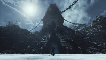 A dramatic scene from the video game Black Myth: Wukong, featuring a lone character standing before a massive, chain-bound temple under a bright sky. 4K Ultra HD quality backdrop.
