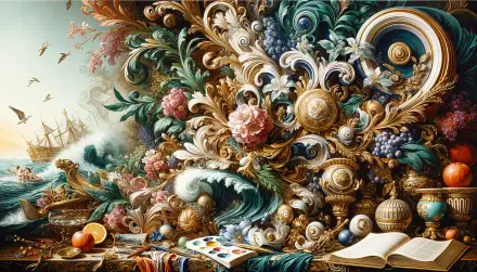 A vibrant 4K Ultra HD PC desktop wallpaper featuring intricate floral designs, seashells, fruits, and a ship in the background, creating a rich and dynamic visual experience.