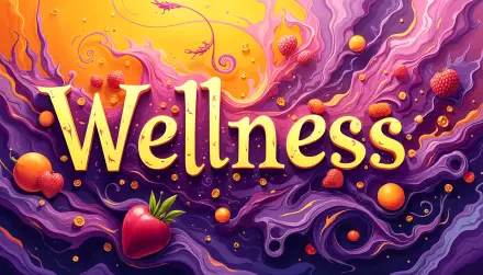 A vibrant 4K Ultra HD desktop wallpaper featuring the word Wellness surrounded by colorful abstract designs, fruits, and playful elements, emphasizing health and vitality.