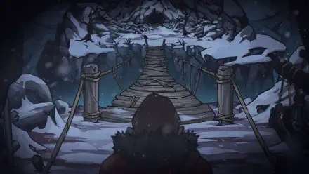 An HD desktop wallpaper from the video game Edge of Sanity, depicting a snow-covered landscape with a wooden bridge leading into a mysterious, dark cavern.