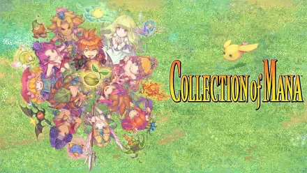 Colorful HD wallpaper featuring characters from the video game Collection of Mana, set against a vibrant green background. A charming blend of art and nostalgia for fans.