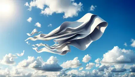 A stunning 4K Ultra HD wallpaper featuring flowing white fabric drifting amongst fluffy clouds against a bright blue sky, capturing a sense of serenity and freedom.